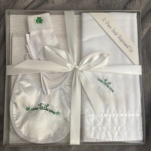 White Baby Baptismal Set with Green Clover